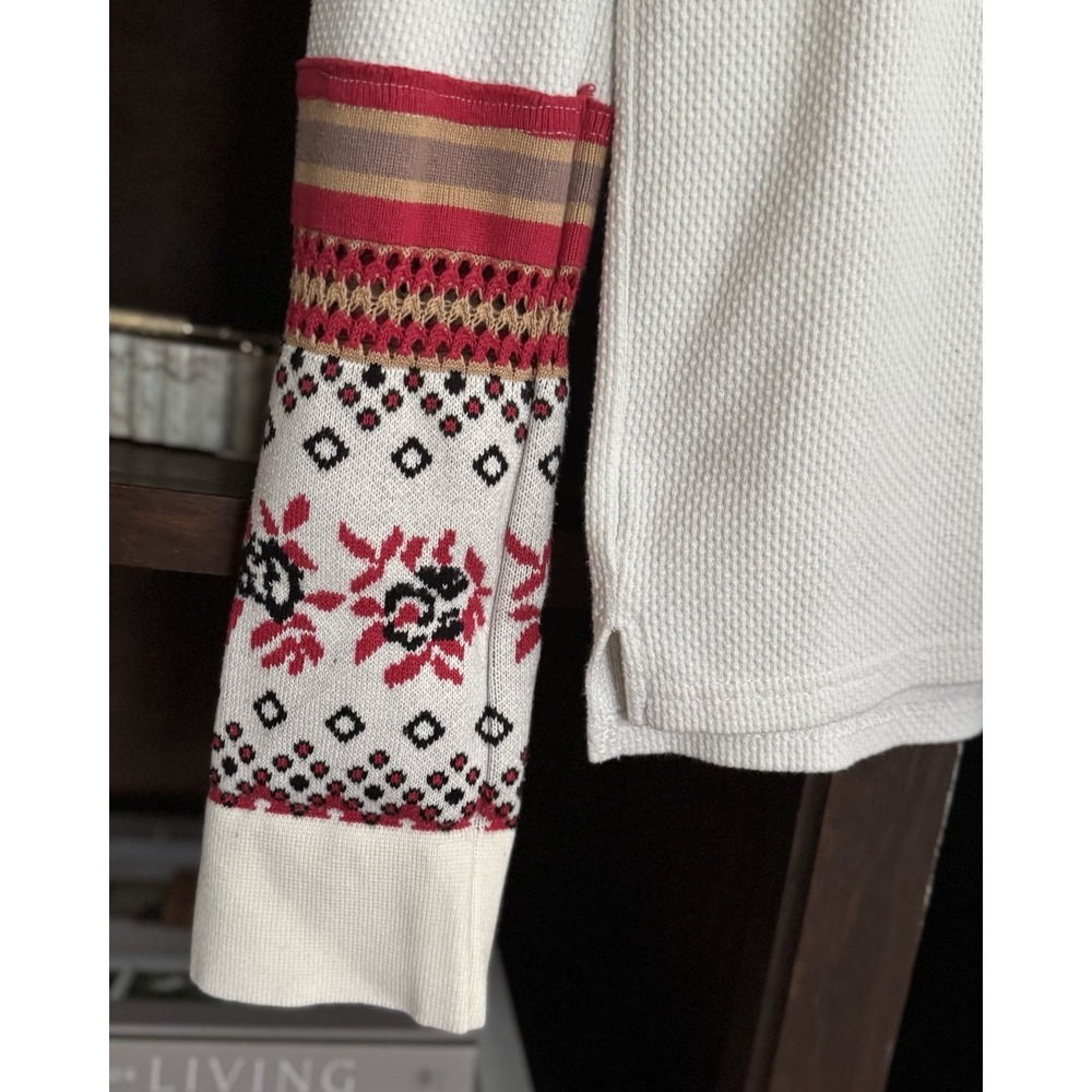 Free People Mikah Henley Thermal Cream Top Waffle Knit Boho Long Sleeve Size L - Picture 8 of 9